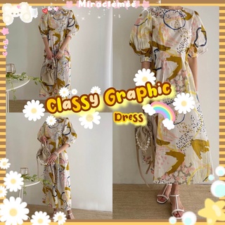 Classy Graphic Dress เดรสลายกราฟิก คอกลม โทนสีขาวเหลือง เดรสลายดอกไม้ เดรสกระโปรง งานป้าย