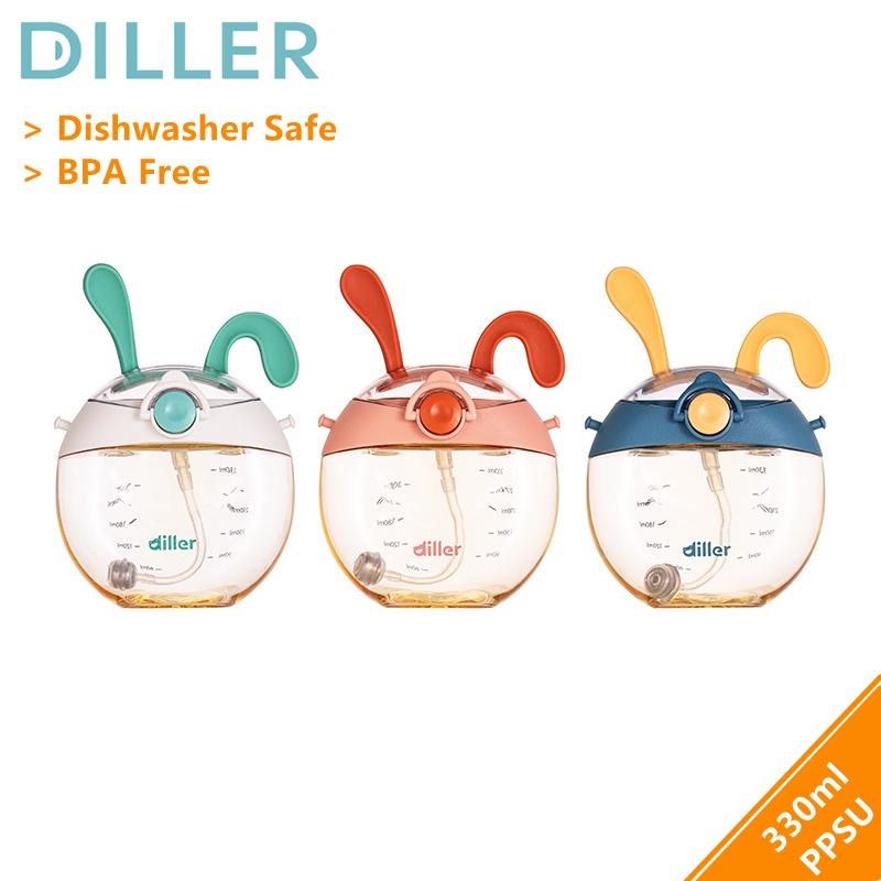 Diller แก้วหกเลอะเทอะ พร้อมหลอดดูด และสายคล้อง ปลอดสาร PPSU BPA (330 มล.) D-P4012 สําหรับเด็กวัยหัดเ