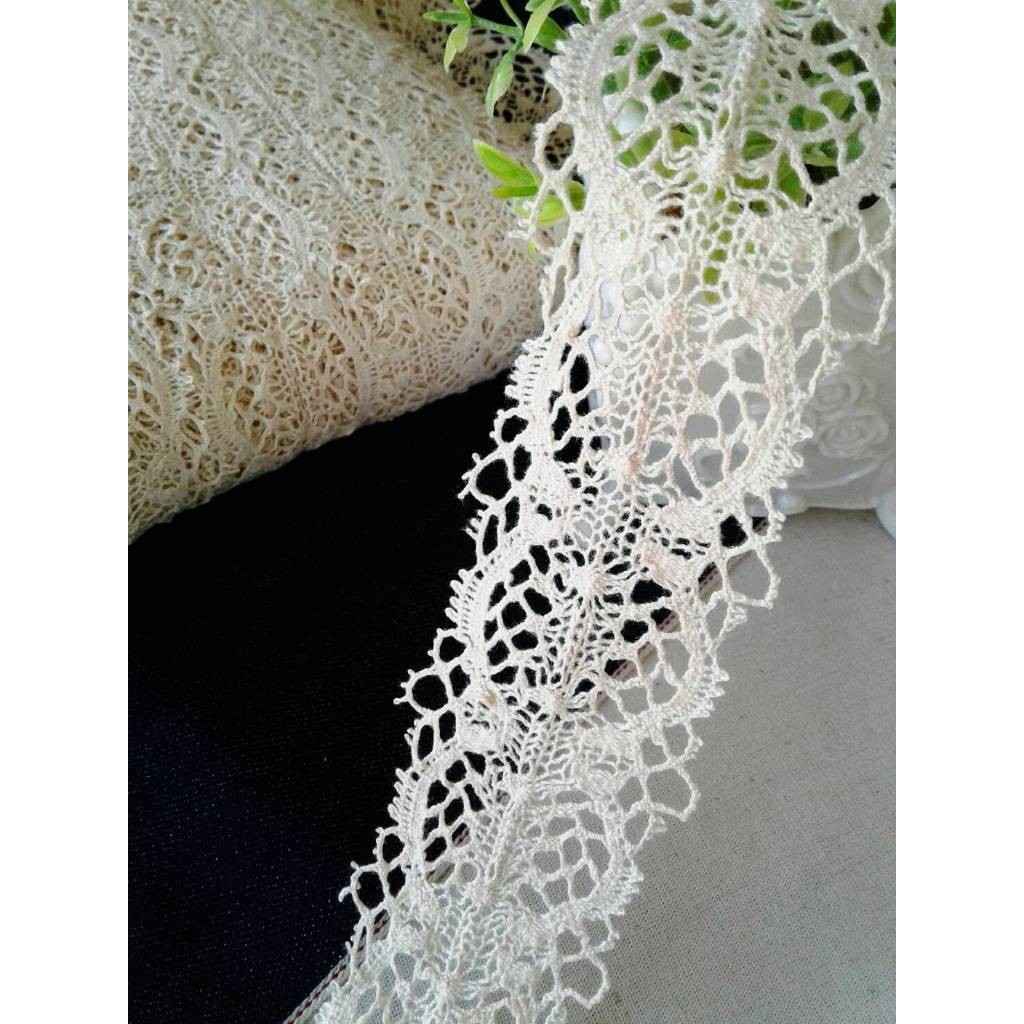 ลูกไม้ คอตตอนถัก เนื้อนิ่ม สีครีม หน้ากว้าง 5 ซม. หลาละ 40 บาท / คอตตอน โครเชต์ วินเทจ - รูปที่ 2