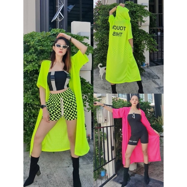 เสื้อคลุมยาวมีฮู้ดสีนีออน ⚠️ ขาว ดำ ไม่เรืองแสง เขียว ส้ม ชม เรืองในไฟแบล็คไลท์⚠️