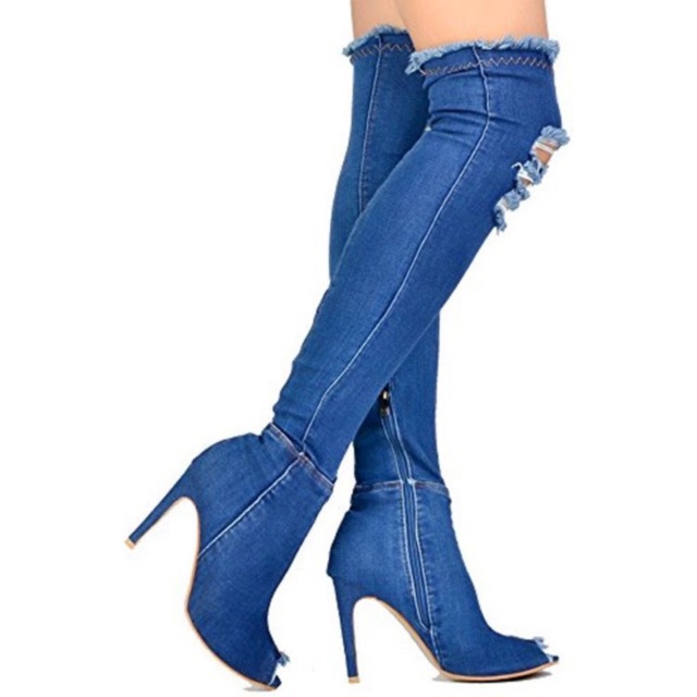 Thigh High Denim High Heel Boots(มือ2)