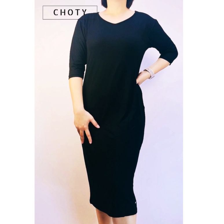 { ยืดแขนสามส่วนเดรส (ยาว) L } ชุดเดรสแขนสามส่วน ยาวคลุมเข่า แบรนด์ CHOTYSHOP สินค้าผลิตในไทย LLDBL