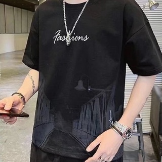 T-shirt【M-3XL】Korean street hip-hop trend mens half-sleeve T-shirt Personalized pattern printing crew neck T-shirt Over