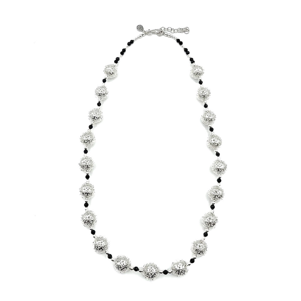 กรุณาสอบถามสต๊อคก่อนสั่งซื้อ❗สร้อยคอลูกประคำเงินชุบทองคำขาวตอกฉลุลายดอกไม้ เงินแท้ 925 [NFS0001]