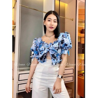 🧸เสื้อครอปแขนตุ๊กตา สายผูกอก🎀ผ้าซาร่าผ้าหนาเนียน พิมพ์ลาย เสริมฟองน้ำ ผูกอกเป็นโบว์ได้ตามใจคะ ระบายชายเสื้อและหน้าอก