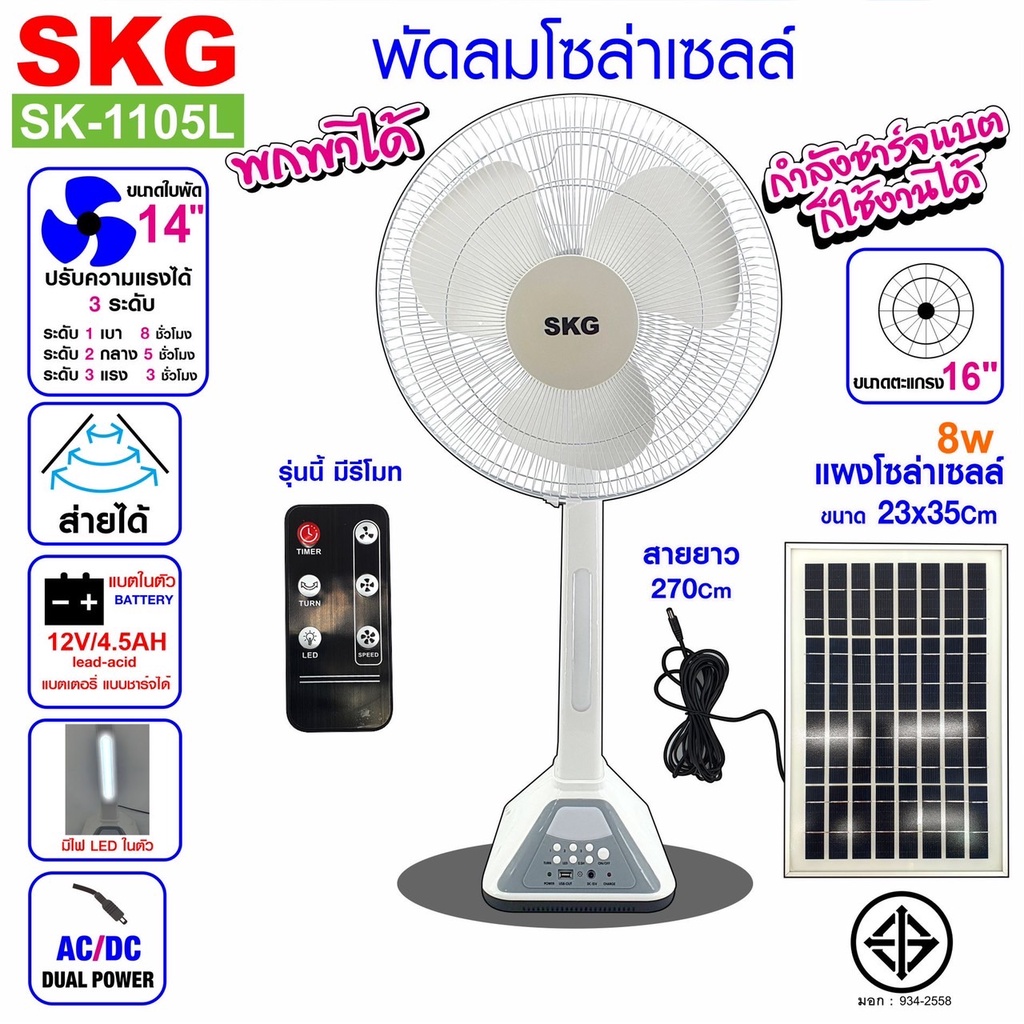 SKG พัดลมโซล่าเซลล์ รุ่น SK-1105L ขนาด 14 นิ้ว สีขาว