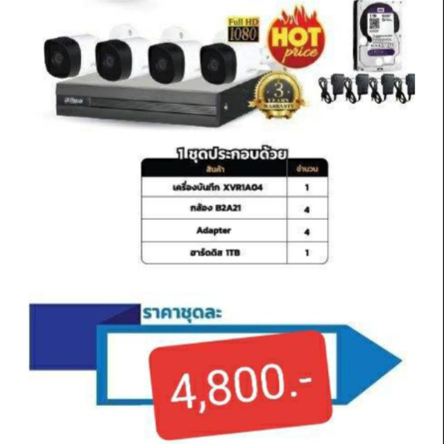 ชุดกล้องวงจรปิด กล้องDahua 4 ตัวเครื่องบันทึก4 ch (ไม่ร่วมมี HDD และ Adanter 12V option)