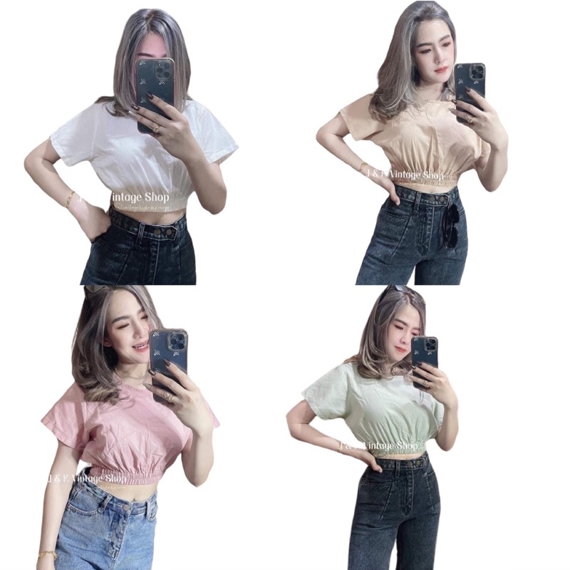 java wa shop เสื้อครอปแขนกระบอก คอกลม​ สม๊อคเอว​ น่ารักมาก
