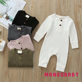 MG-Newborn Baby Boy Girl Button Romper One Piece Solid Color Knit Ribbed Long Sleeve Long Pants Jumpsuit