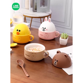 LINE FRIENDS ถ้วยมาม่า ชามบะหมี่ เซรามิกพร้อมฝาปิดและช้อน