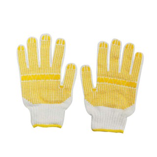 ถุงมือถัก คอตตอน พิมพ์จุดกันลื่นสีเหลือง (คู่) PARAGON KATO ขาวขอบเหลือง Personal Protective Equipment