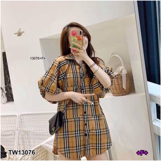 TW13076Dress เดรสกระดุมหน้า แขนบอลลูนผ้าคอตตอนลาย BBR ติดกระดุมผ่าหน้า ชายเดรสหน้าด้านหลังไม่เท่ากัน พร้อมส่ง