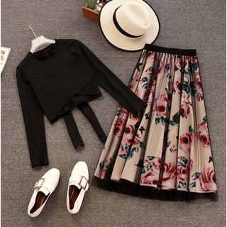 SALE‼️ พร้อมส่ง ZAWFL Long Sleeve Shirt Floral Skirt Sets #Black