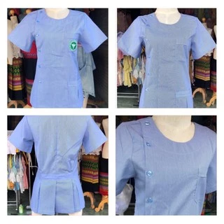 เสื้ออนามัยคอกลมริ้วฟ้า ปักตราและไม่ปักตรา พร้อมส่ง