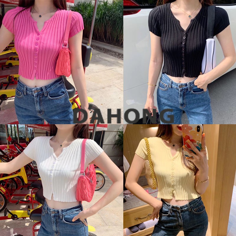 Dahong เสื้อท็อป เสื้อไหมพรมทอ ชักร่อง มีกระดุมหน้า สุดเซ็กซี่ 2060