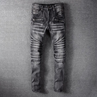 1091European and American Street Trends Autumn and Winter New Smoky Gray Stitching Jeans Young Men Trend Slim-Fitting 00