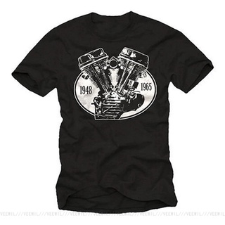 T-shirt  เสื้อยืดผ้าฝ้าย 100% พิมพ์ลายรถจักรยานยนต์ BIKER Men WITH CULT V TWIN ENGINE SHORT SLEEVE 2 CYLINDER สําหรับผู้