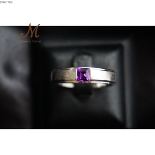 Meena Gems แหวนอเมทิสแท้ สีม่วงเข้มทรงสี่เหลี่ยม ตัวเรือนเงินแท้ชุบทองขาว จัดส่งฟรีพร้อมกล่อง