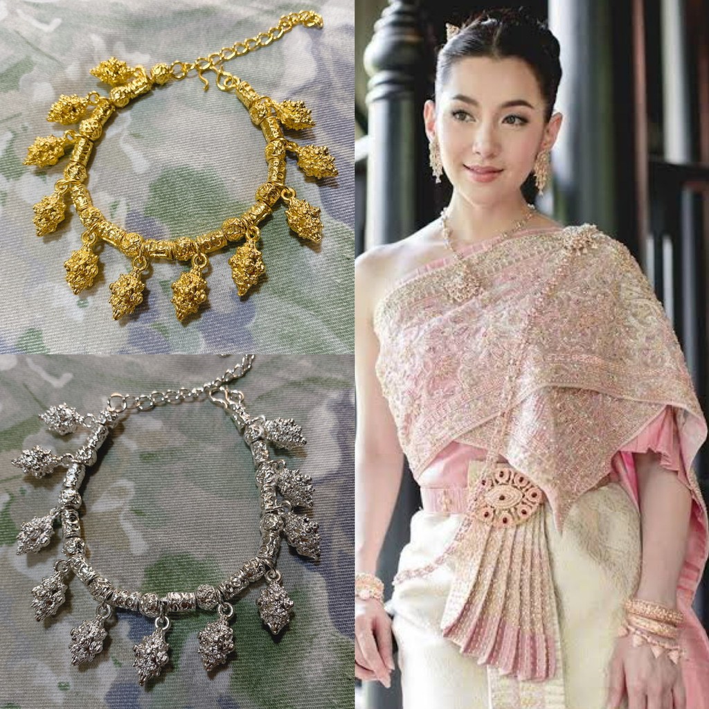กำไลชุดไทยลูกไม้ปลายมือลายพุ่มดอกพิกุลคั่นปล้อง คนอ้วนใส่ได้