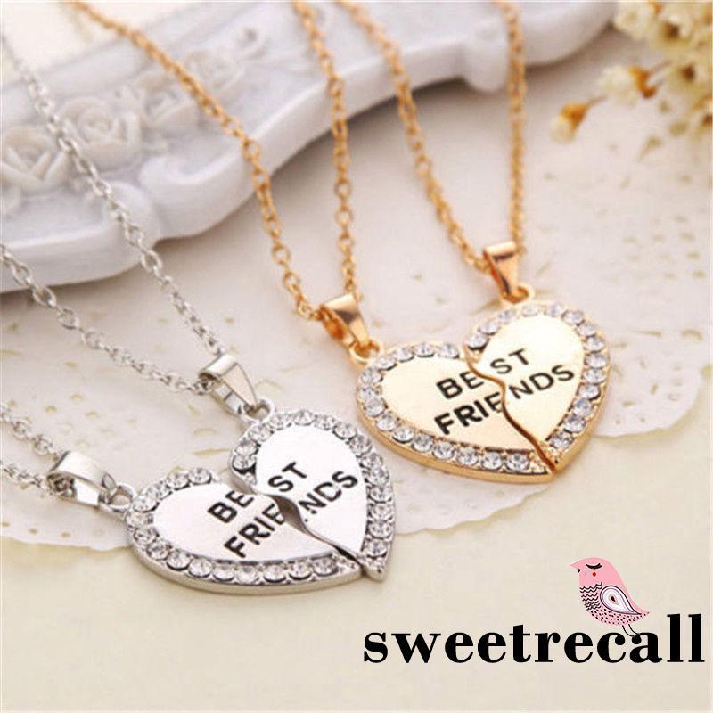 ◕‿◕Best Friend Gift Heart Gold Silver Rhinestone 2 Pendants Friendship Necklace