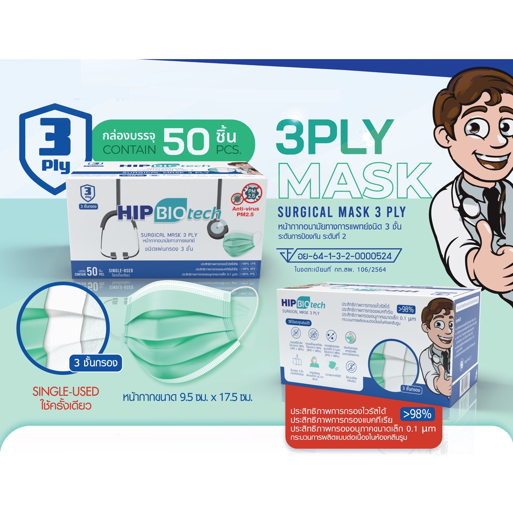 HIP biotech mask หน้ากากอนามัยทางการแพทย์ชนิดยางยืด 3 ชั้น (SURGICAL ...