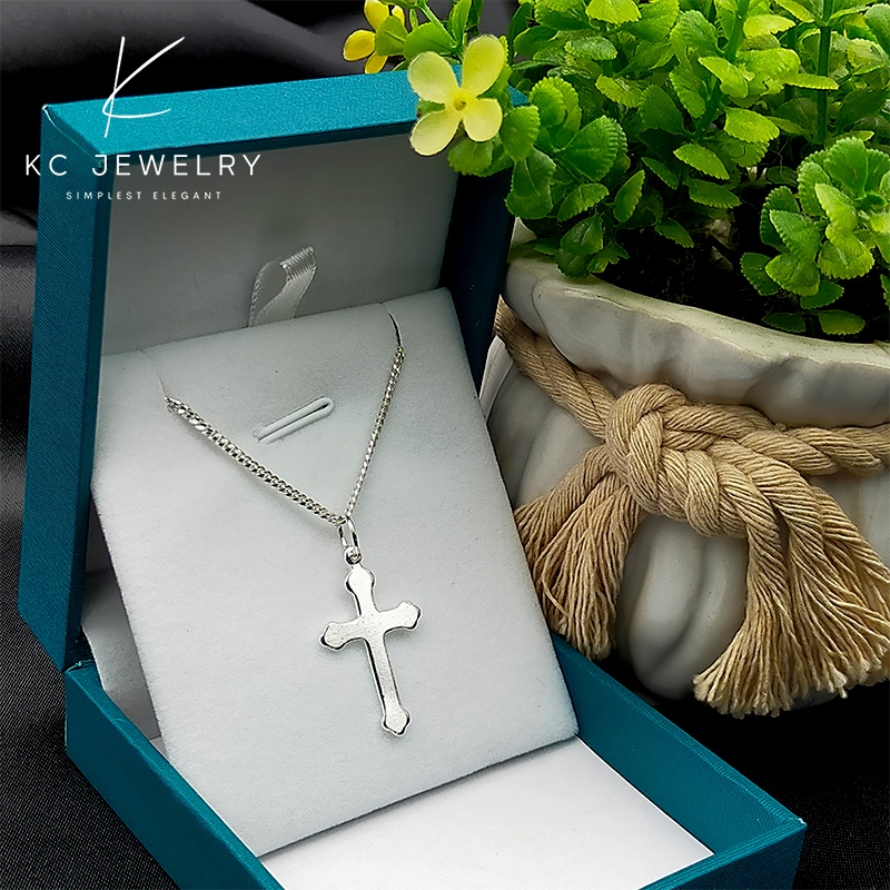 KC Jewelry S925 Silver Blossom Glossy Cross จี้/Clung Rantai Loket Salib Perak/Sensurling Flower จี้