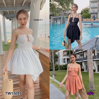 TwinsShopVip💗พร้อมส่ง TW15089 เดรสสายเดี่ยวแต่งห่วงตรงกลาง