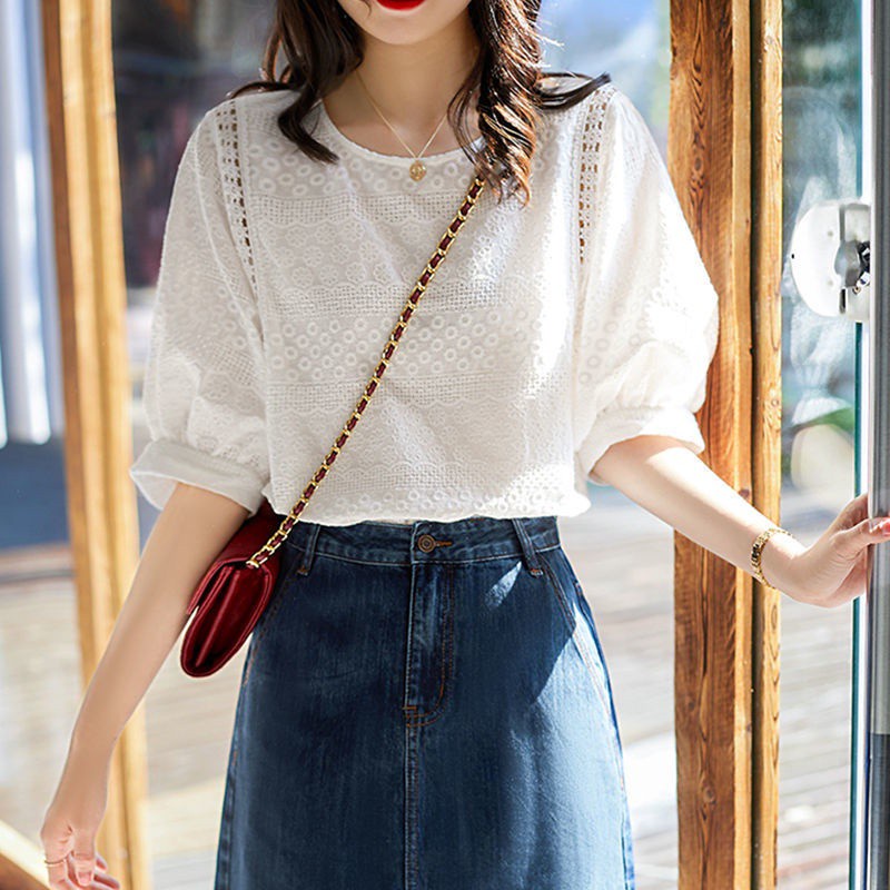 เสื้อผ้าแฟชั่นผู้หญิง เสื้อเชิ๊ต แขนสั้น ลูกไม้คอกลม แขนพัฟ ผ้าฝ้าย ทรงหลวม สไตล์เกาหลี