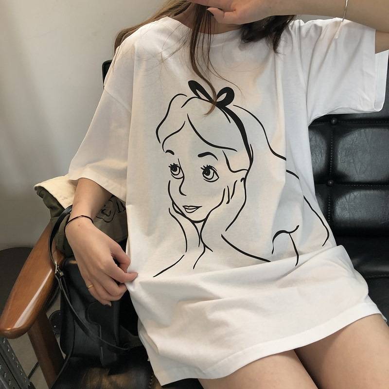Triple A💕 Oversized shirt women Plus size t shirt  Fun cartoon girl print round neck loose short-sle