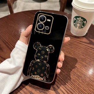 New เคสโทรศัพท์ Vivo V25 5G V25 Pro 5G V25e Y16 Y22 Y22S Y35 2022 Fashion Soft Case Plating with Cute Retro Bear Stand Camera Lens Protection Cover เคส VIVOV25 VivoV25Pro