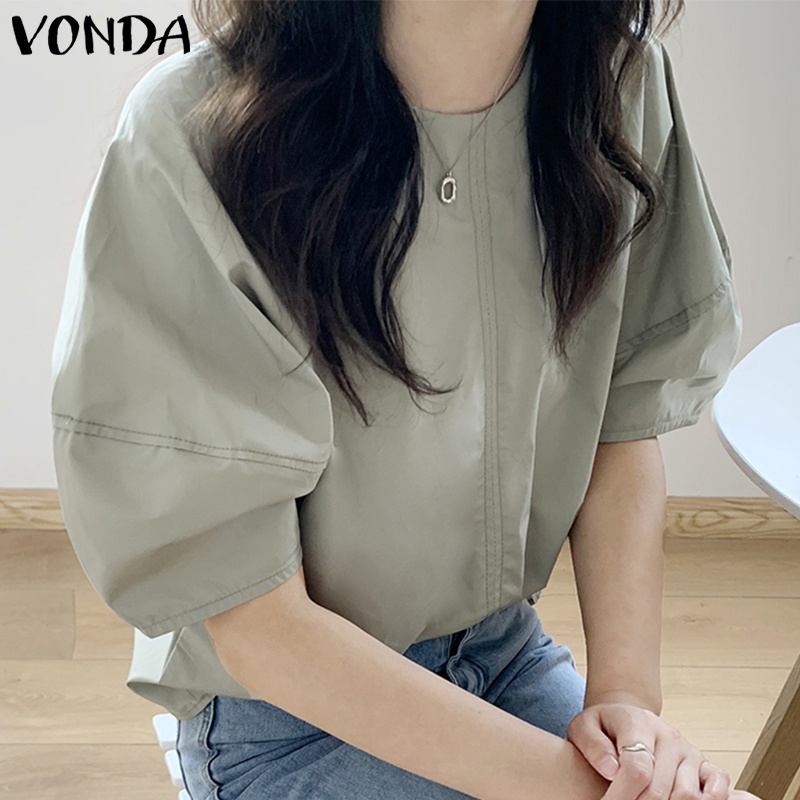 Vonda เสื้อเบลาส์ ลําลอง คอกลม แขนห้าส่วน สีพื้น สไตล์เกาหลี สําหรับผู้หญิง