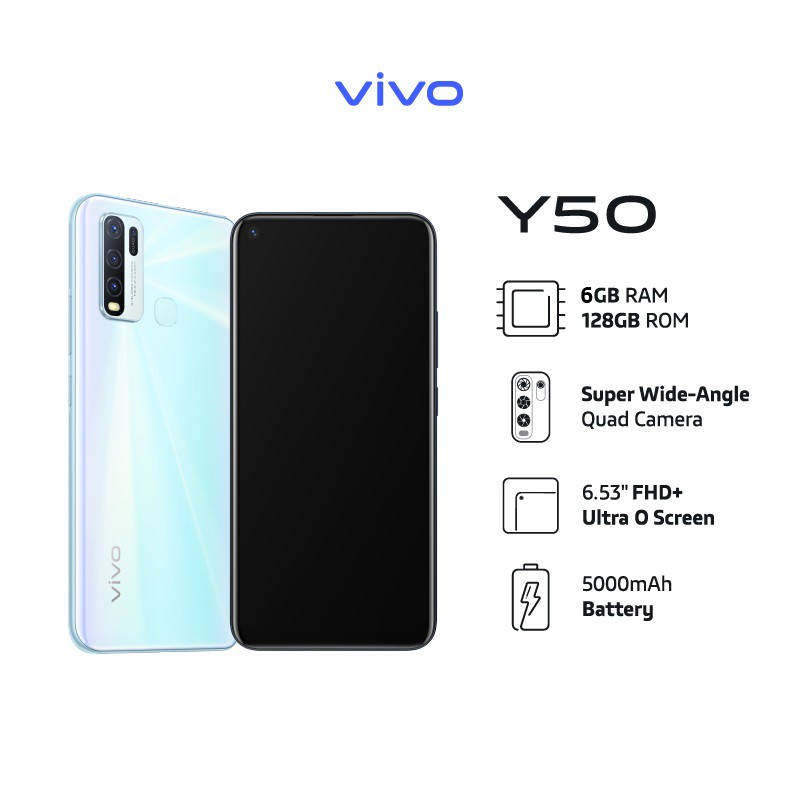 VIVO Y50 6+128GB White Pearl Ultra O Screen 6.53" FHD+AI QUAD camera+5000mAh+Snapdragon665 เครื่องให