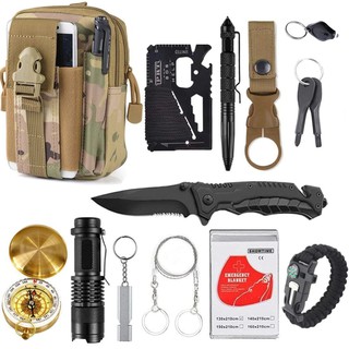 อุปกรณ์สนาม อุปกรณ์ยังชีพพร้อมกระเป๋า (survival gear kit, 13 in 1)