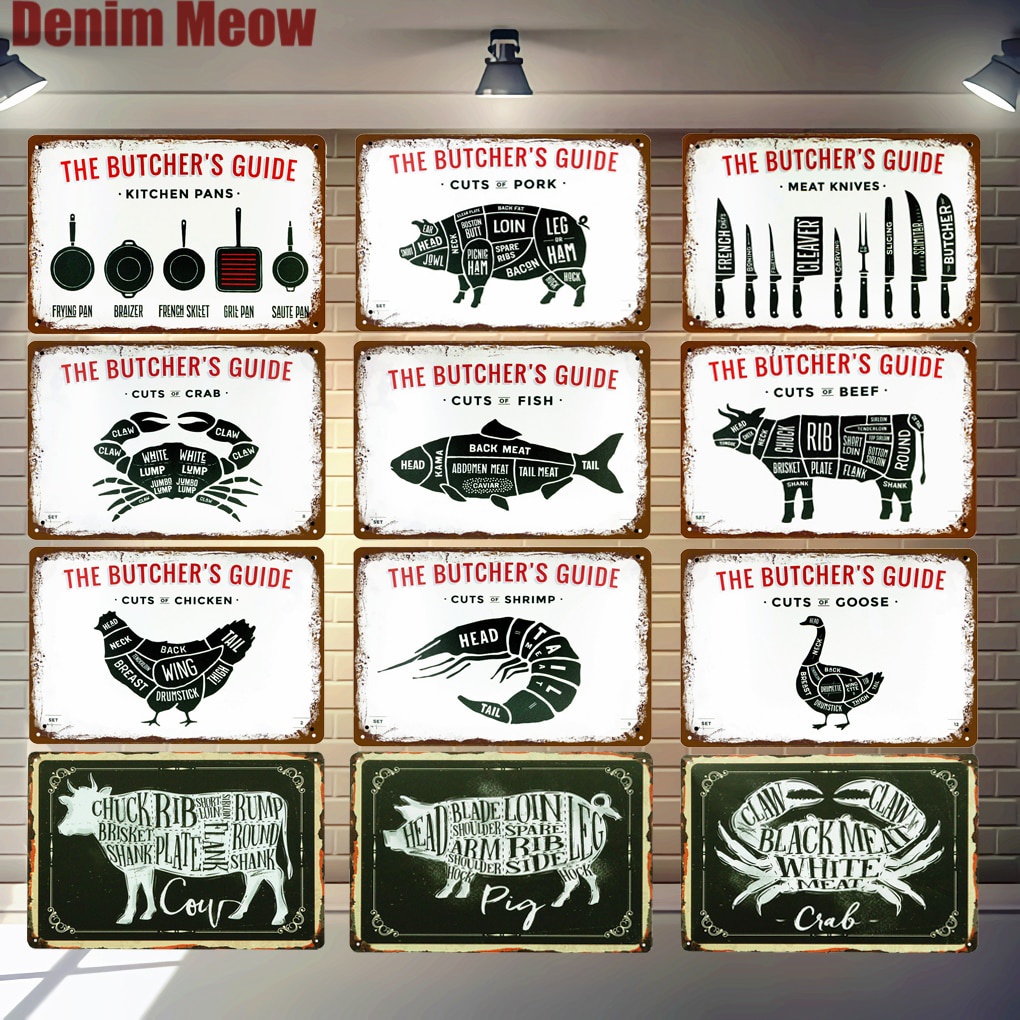 กระดุม ' S GUIDE ป้ายโลหะ วินเทจ ตัดเนื้อวัว ไก่ หมู เป็ด โปสเตอร์ ตกแต่งห้องครัว แผ่น โล่ ผนัง