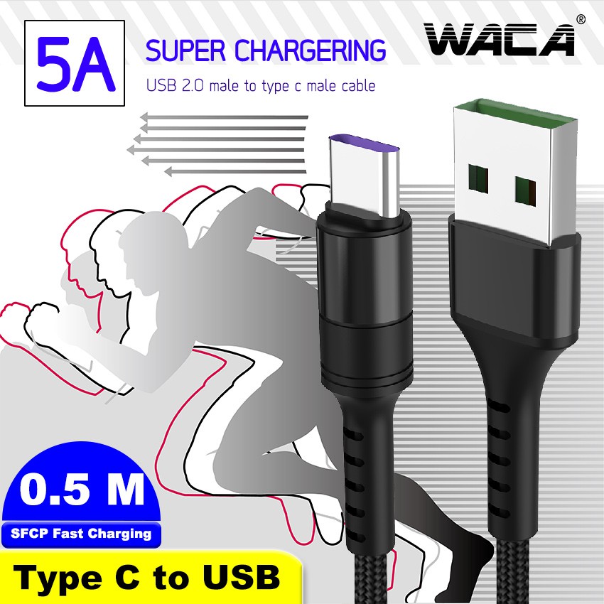 WACA สายชาร์จ Type C ไนล่อนถัก 5A USB Type-C แบบชาร์จเร็ว OPPO,Huawei P30,P20 Pro,Mate 20 Pro,P20,Ho