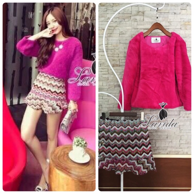 🍭 Korea Design By Lavida  Long sleeve pink coat colorful skirt set