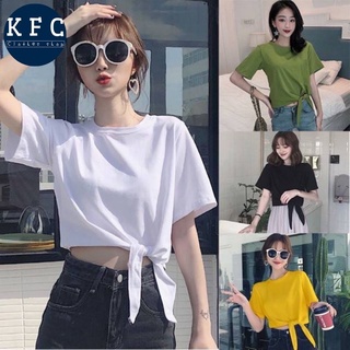 🌟KFC🌟🎀5 สี 🎀เสื้อยืดเอวลอยแฟชั่นสไตล์เกาหลีแขนสั้น โชว์สะดือเอวนิดเสื้อผูกโบว์🎀ทรงสวยผ้าดีนิ่มๆ#9113