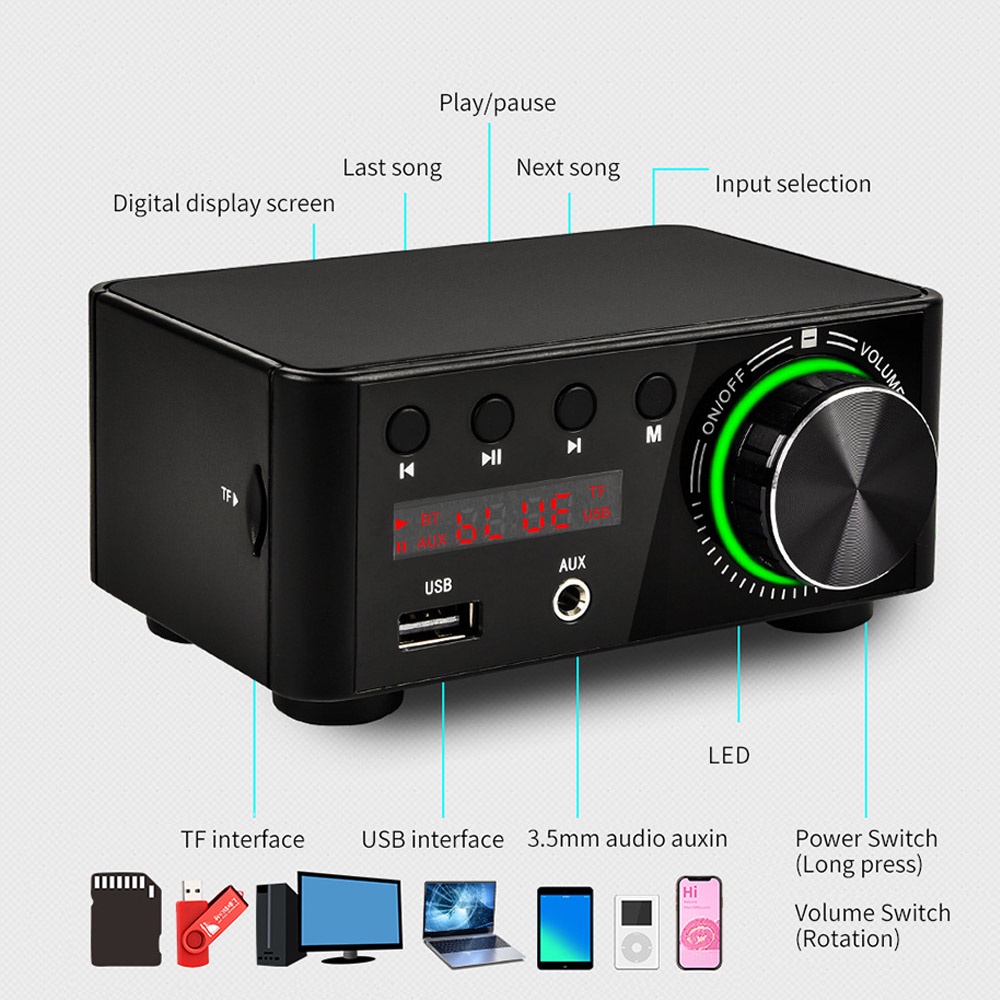 เครื่องขยายเสียงดิจิตอล HiFi บลูทูธ 5.0 Class D Amp 50W * 2 USB TF-Card AUX IN สําหรับรถยนต์