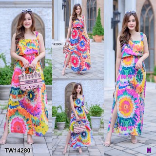 CS14280 Set #สาวอวบ เสื้อสายเดี่ยวสายย่น+กระโปรงผ่าข้าง ลายมัดย้อม
