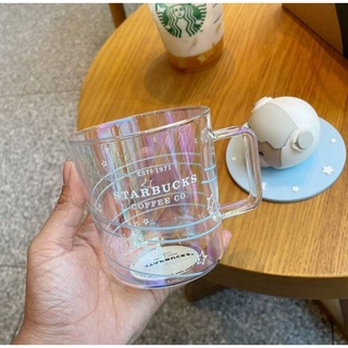 แก้วน้ำสตาร์บัค แก้วน้ำสีใสเคลือบเงาเมทัลลิค สะท้อนแสงเล่นกับแดดสวยมาก สกรีนลายการ์ตูน ความจุ 355 มล. ใบละ 350 บาท