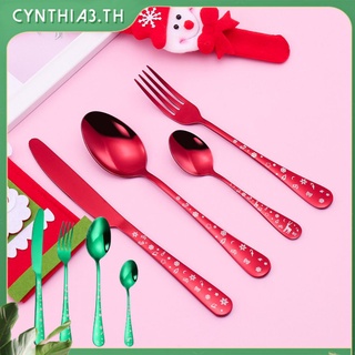 4ชิ้น/เซ็ตคริสต์มาสบนโต๊ะอาหารชุดมีดส้อมช้อน Flatware สแตนเลสครัวสีแดงสีเขียวอาหารเย็น Cyn