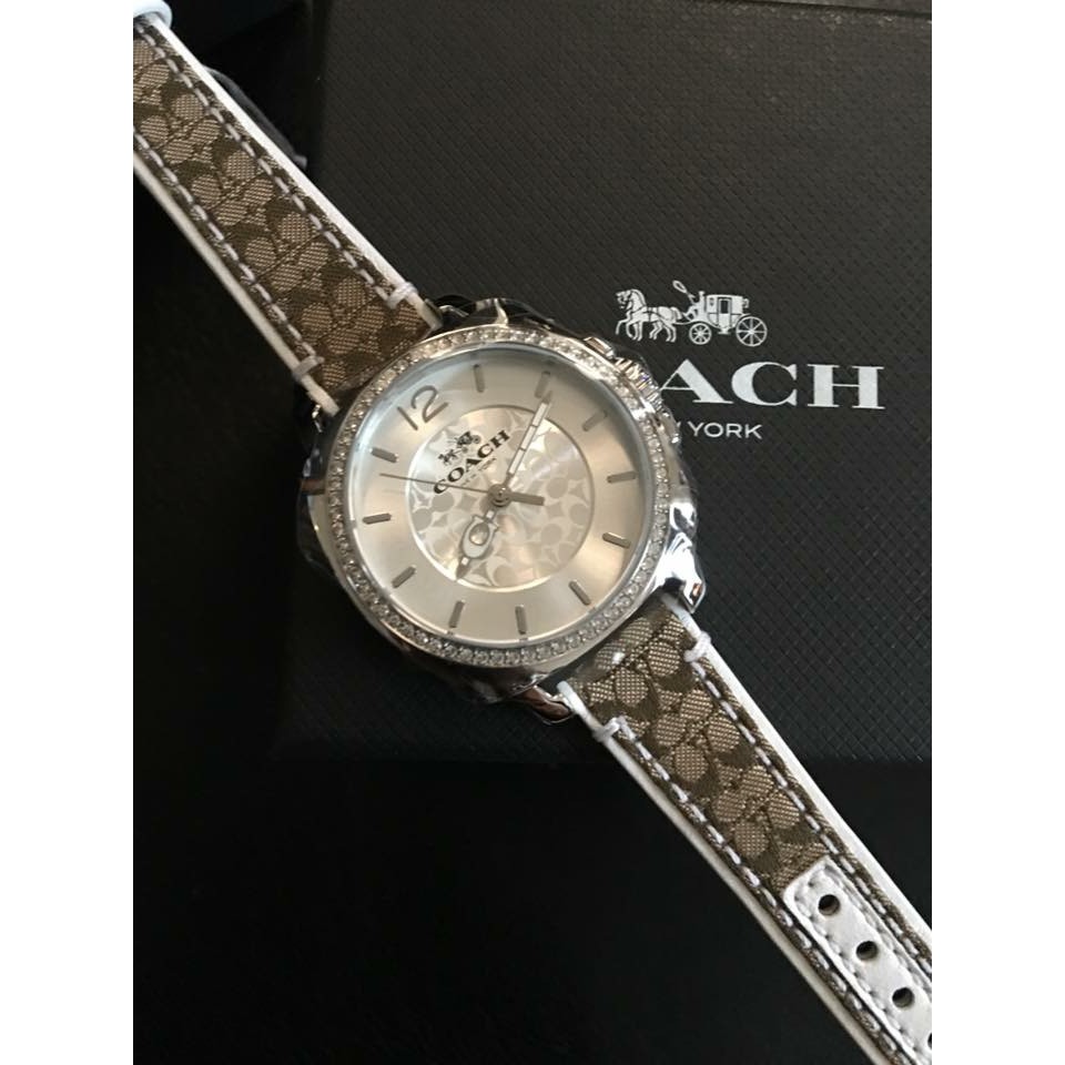 นาฬิกา Coach Ladies Boyfriend Signature Fabric Leather Watch หน้าปัด 34 มม ประดับด้วยคริสตัลล้อมรอบ สายผ้า+หนัง