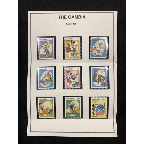 1984 The Gambia Easter 1984 พร้อม Mickey & Friends- 9 Values Mint Unhinged (MNH)Set Kept Mounts