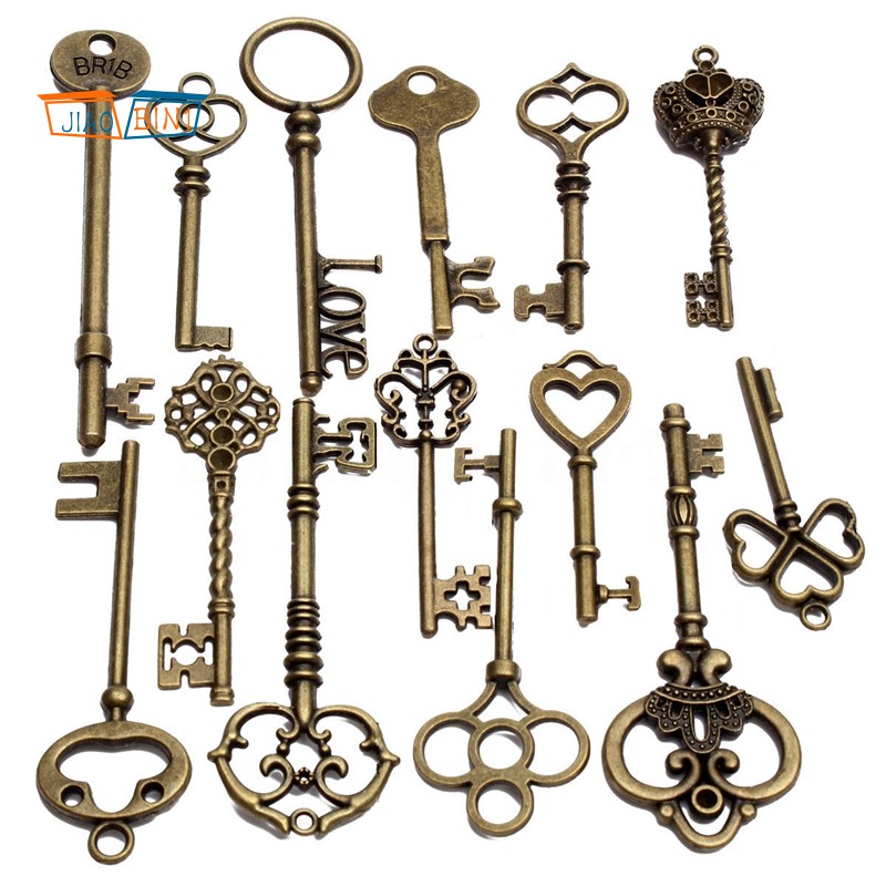 Set of 18 Retro Antique Old Look Bronze Skeleton Key Heart Bow Lock Pendant NEW 
