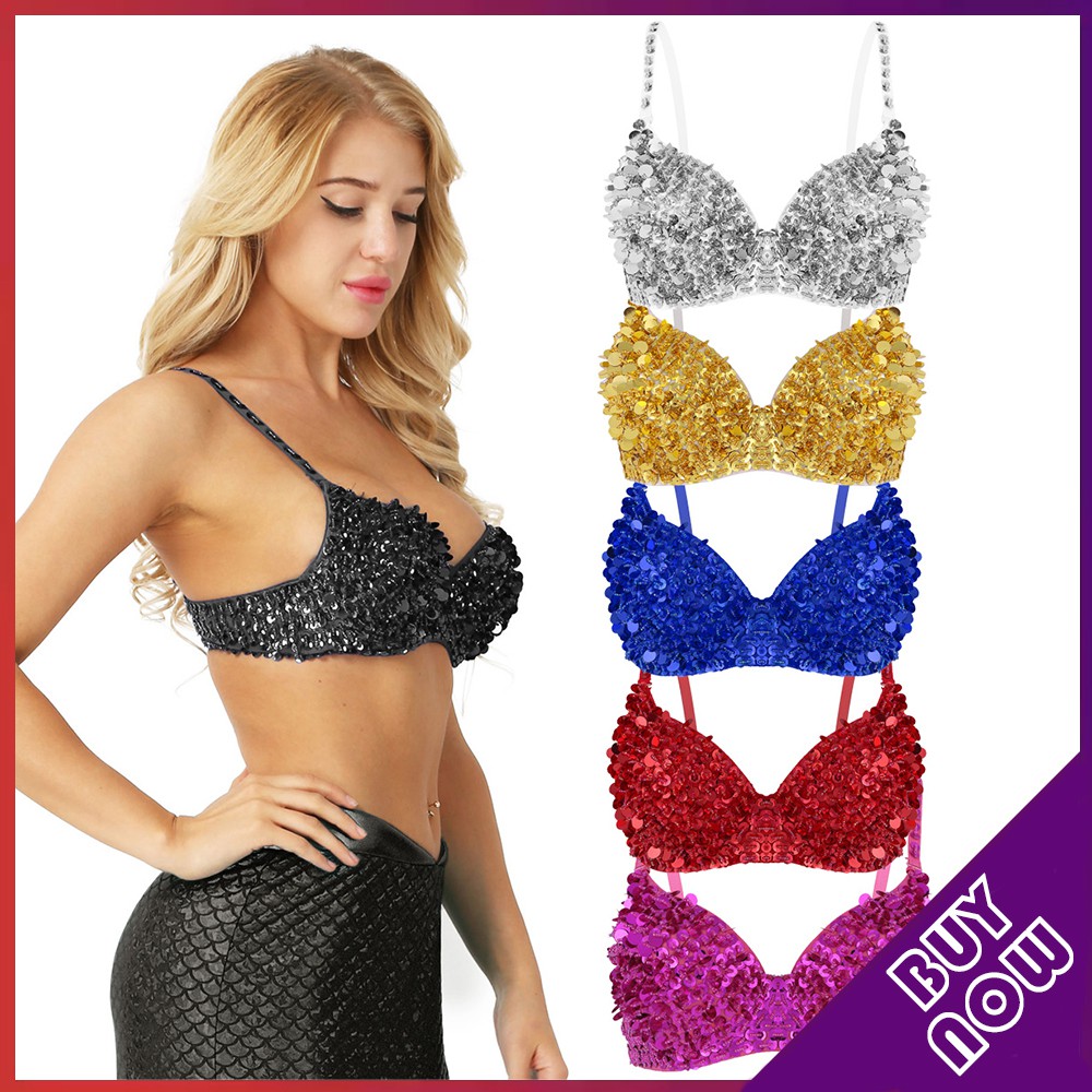 ผู้หญิงแฟชั่น Sparkle Sequins Beading เบาะ Bra Top สําหรับ Raves Dances Club สวมใส่ Belly เต้นรํา