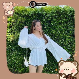 cc🐻เสื้อคอไขว้แขนกระดิ่ง เอวสมอค ผ้า100Dใส่สบายค่ะ แขนบานๆใส่สวยยย สาวอวบใส่ได้จ้า