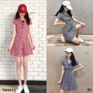 J5913 Dress เดรสเชิ้ต ลายสก็อต ผูกเอวหน้า-หลัง Plaid shirt dress, tied front and back