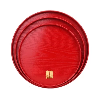 ถาดรองแก้วน้ำชาแบบไม้ มีลายซังฮี้สีทอง ขนาด 24 เซนติเมตร