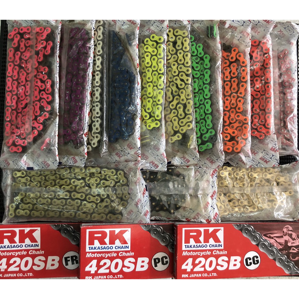 โซ่420 RK 120ข้อ มี14สี เขียว แดง ส้ม ชมพู ม่วง น้ำเงิน ทองนอก ทองนอกใน ขาว ดำหมุดทอง เงิน ของแท้100