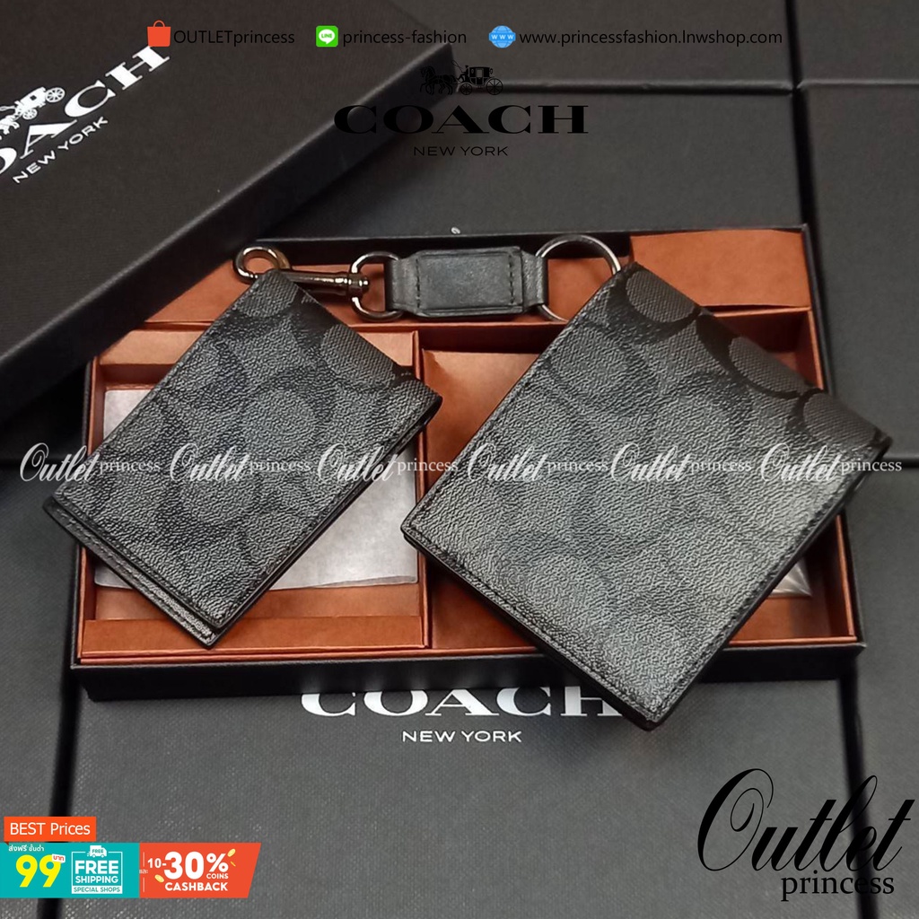 COACH COMPACT ID WALLET IN SIGNATURE WITH KEY FOB LIMITED BOX(COACH F74993)🍁กระเป๋าสตางค์ใบสั้น มาพร้อมใบลูกแบบแพ๊คคู่